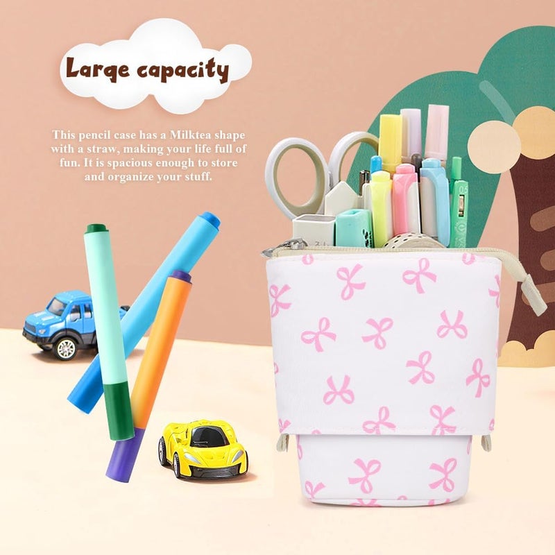 KPX Cute Standing Pencil Case Pen Holder for Kids, Pop Up Stand UP Bubble Tea Pen Organizer Kawaii Stationary for Christmas Holiday New Year Office (Bow) - Image 4